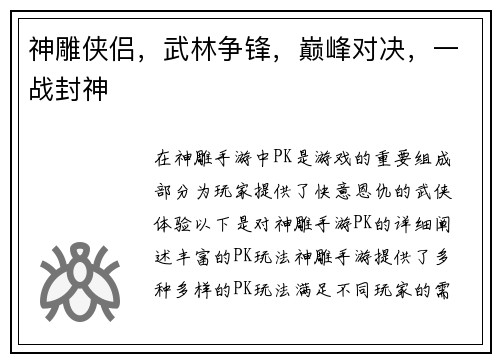 神雕侠侣,武林争锋,巅峰对决,一战封神